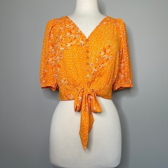 Joie Tops - Joie Blouse Sz S Shirt Floral Orange Button Bow Tie Front Crop Cottagecore